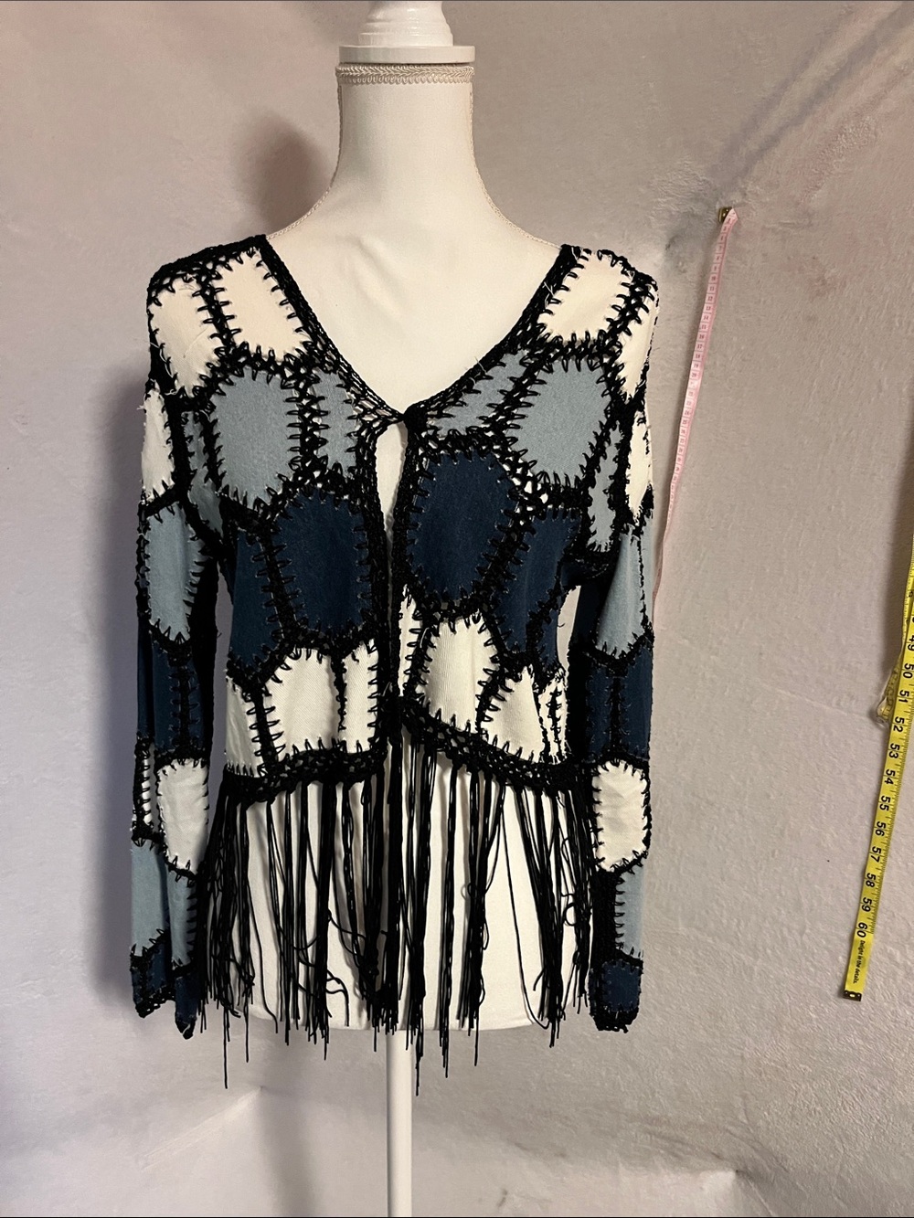 Adore Patchwork Fringe Crochet Cardigan - Navy, Light Blue & White